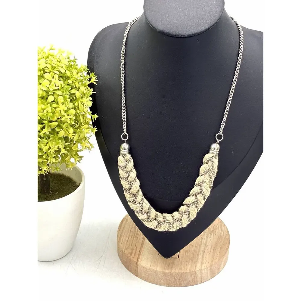 Vintage Braided Rope Chain Statement Necklace Silver Tone Boho 16 Inch